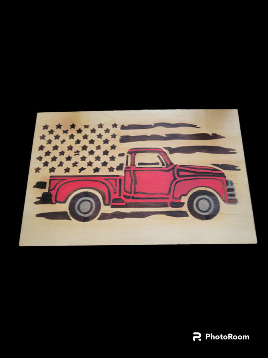 American Flag and classic Red Truck