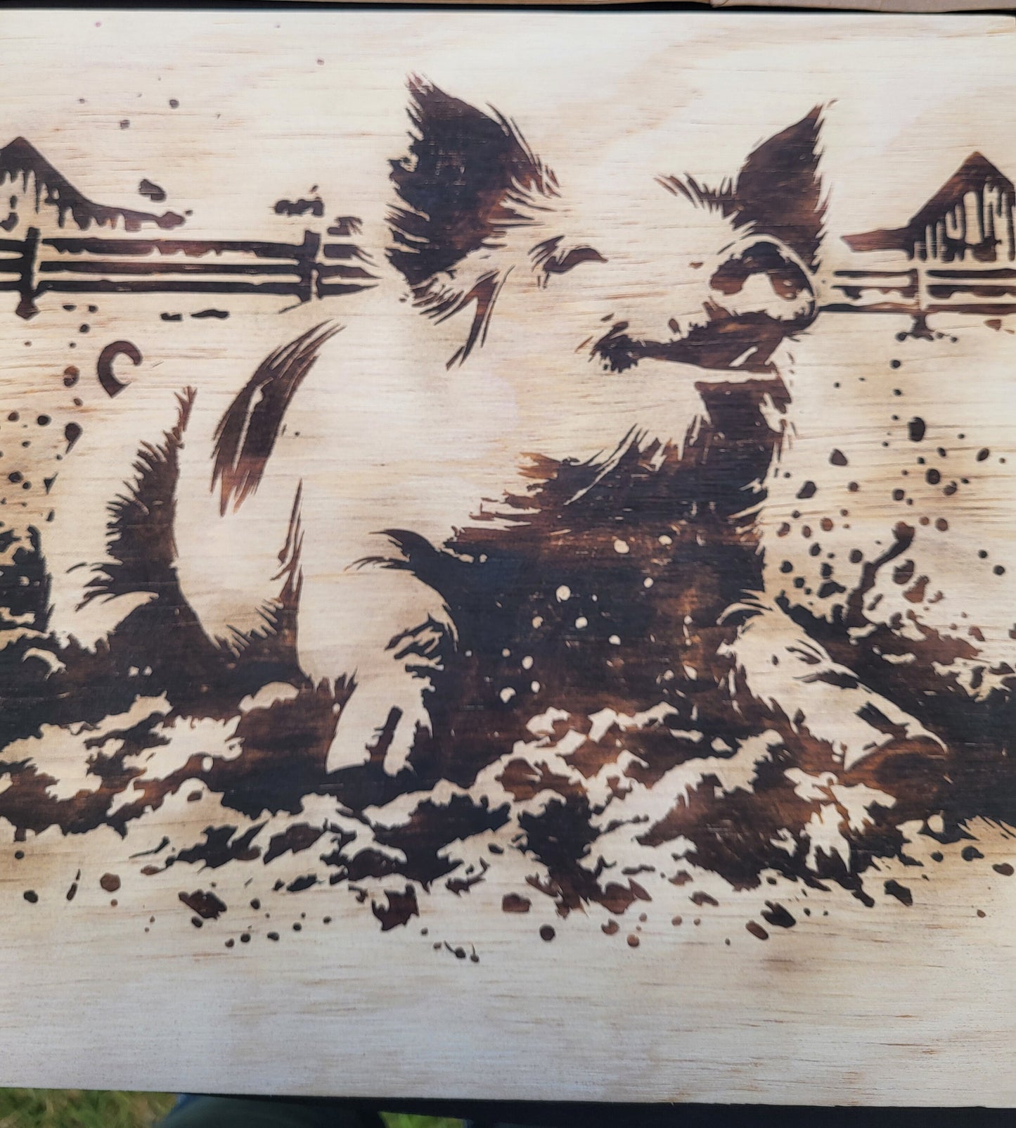 Happy pig in the mud woodburned design